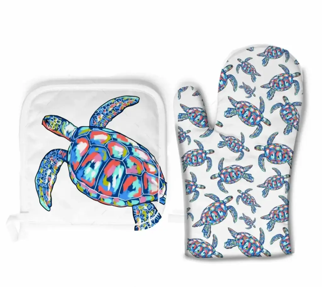 crab art on oven mitts